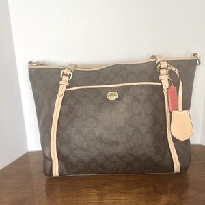 Coach Brown Signature Canvas Tote with Light Tan Trim